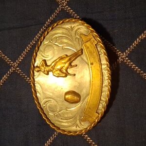 Vintage nickel and silver Rodeo barrel racing cowgirl cowboy belt buckle